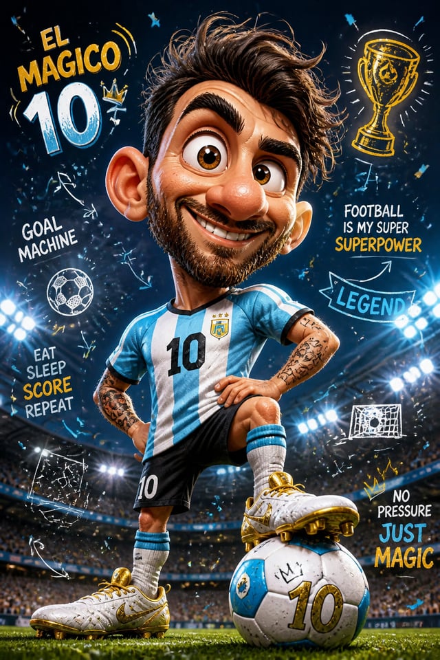 A hilarious original cartoon football superstar character, full body caricature with a gigantic over