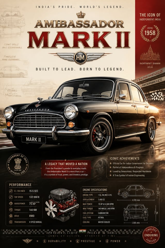 Create image Create an epic premium automotive poster of [Ambassador Mark II].Place the car as the h