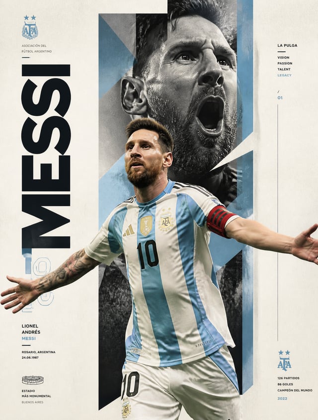 Create an ultra-premium sports poster featuring Lionel Messi in a contemporary editorial style. Use 