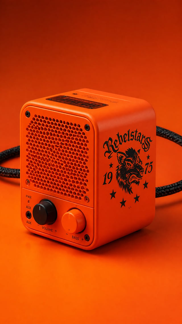 A futuristic, minimalist round-cornered cuboid-shaped speaker in vibrant fluorescent orange, featuri