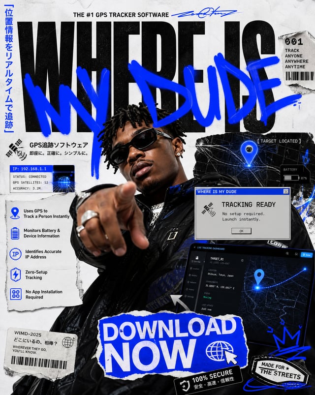 Create an ultra-premium Japanese street-art editorial poster redesign for a fictional GPS tracking s