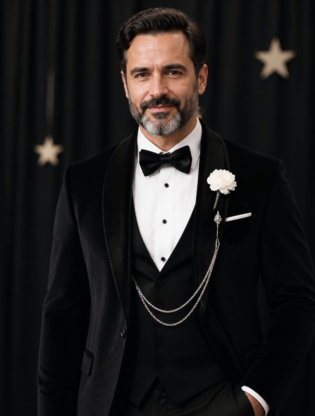 A middle-aged man with a groomed beard stands in a formal three-piece tuxedo, featuring a black velv