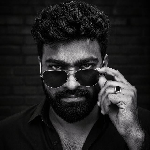 A close-up, high-contrast black and white portrait of a man looking directly into the camera with an
