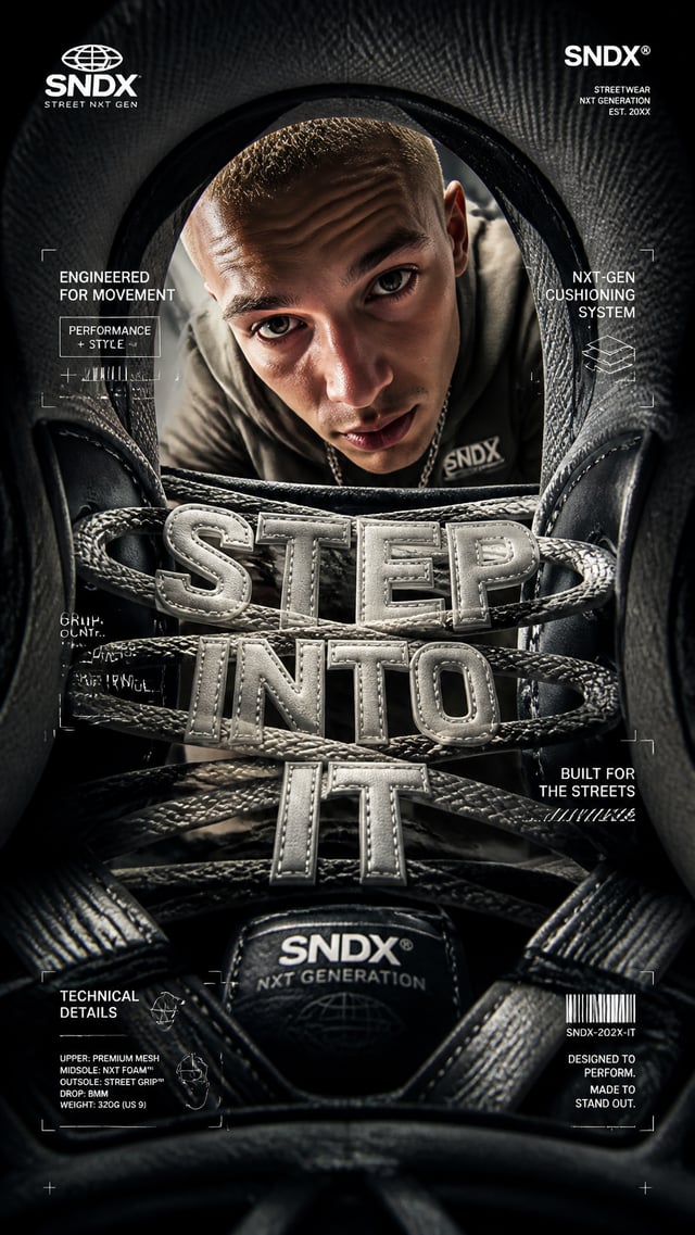 A premium 9:16 sneaker advertising poster.Main Subject:A young male model viewed through the opening
