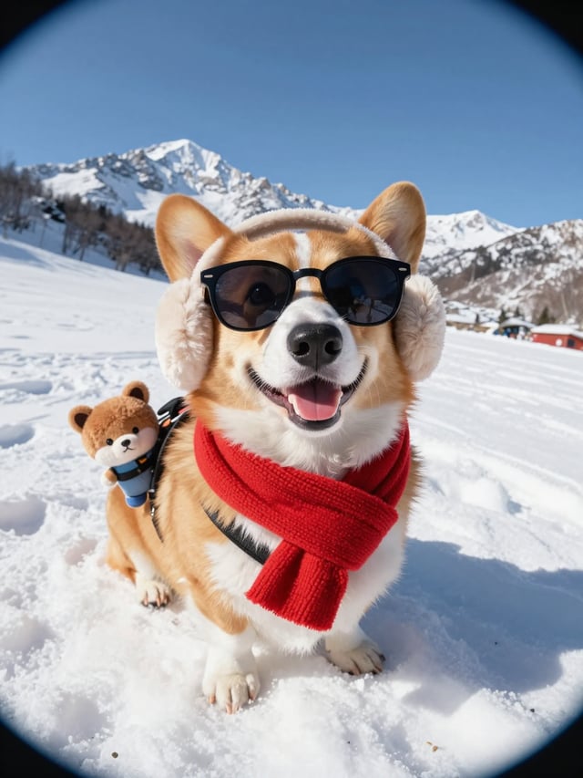 Fisheye lens shot: a smiling corgi wearing sunglasses, a red scarf and fuzzy earmuffs takes a selfie