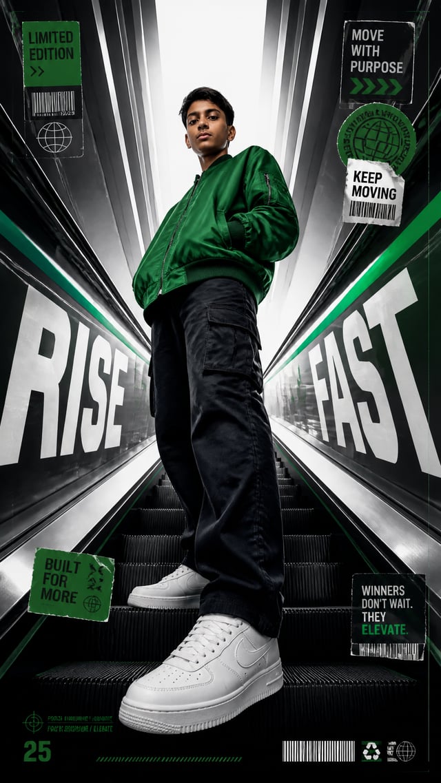 A premium 9:16 sports-fashion editorial advertising poster.Main Subject:A determined young male mode