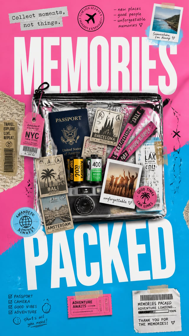 A premium 9:16 lifestyle storytelling poster.Main Subject:An oversized transparent travel pouch posi