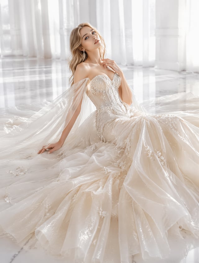 Expressive blue eyesDress Design: Custom ivory-and-pearl couture gown. Softly sculpted strapless bod