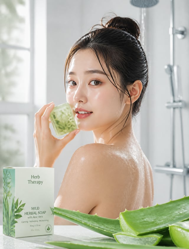 A young East Asian woman with a damp, dewy complexion and hair pulled into a messy bun turns toward 