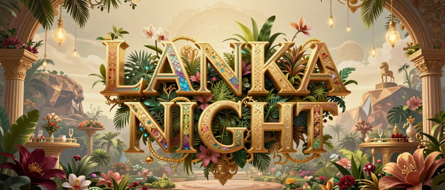 Lanka Night高端晚宴KV，21:9超宽画幅，梦幻插画艺术风格。画面中央漂浮巨大的立体艺术字体“LANKA NIGHT”，字体由黄金结构、彩色玻璃、热带花卉与锡兰传统装饰图案构成，形成如同空中