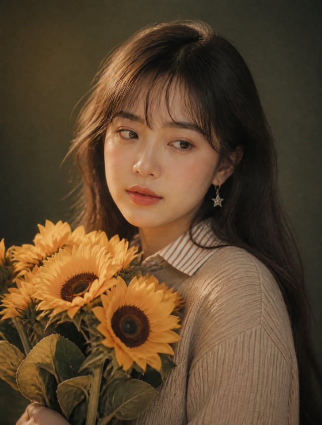 POSITIVE PROMPT:A young East Asian woman with long, soft dark brown hair and wispy curtain bangs, 