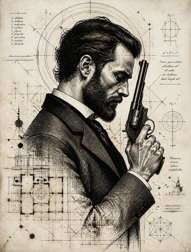 A stylized, high-contrast ink illustration depicts a bearded man in a suit holding a revolver in a c