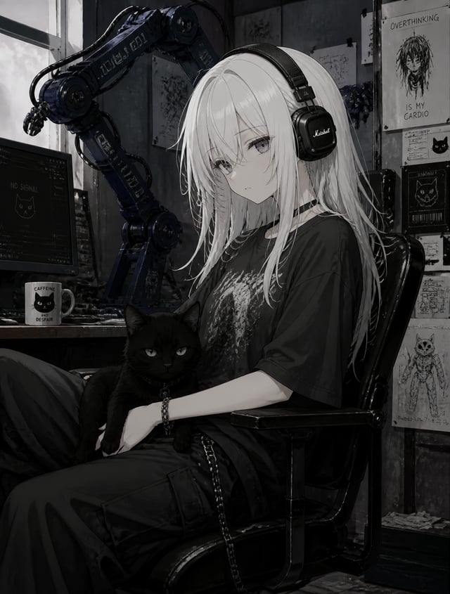 In this style, make the cat black, the color of the mechanical arms dark blue, the dark oversized T-
