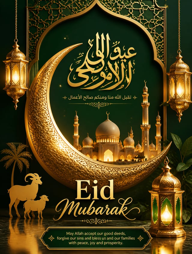Create a luxurious Eid Ul Adha poster featuring a golden crescent moon, mosque silhouette, lanterns,