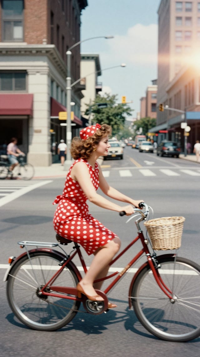 urban summer film photography, eye level composition, 1950 vibes, woman with red and white polka dot