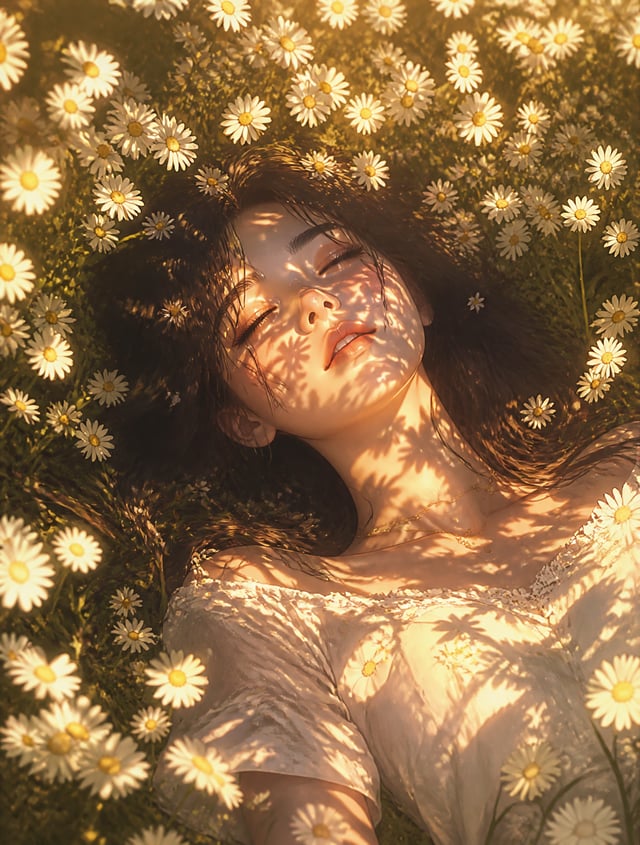 A young woman lying in a vast field of white daisies, sunlight filtering through petals and casting 