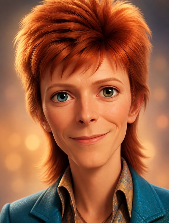 A Pixar-style frontal portrait of [david bowie], showing their kindness and amiability --ar 3:4