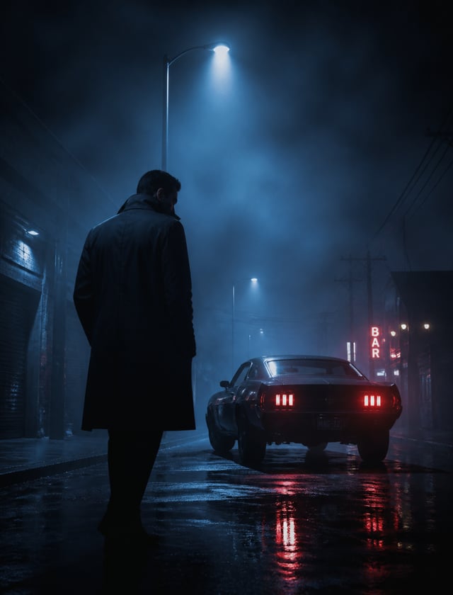 a man in night  a street a muscle car, volumtric haze, and a crime is about to happen , mid night ha