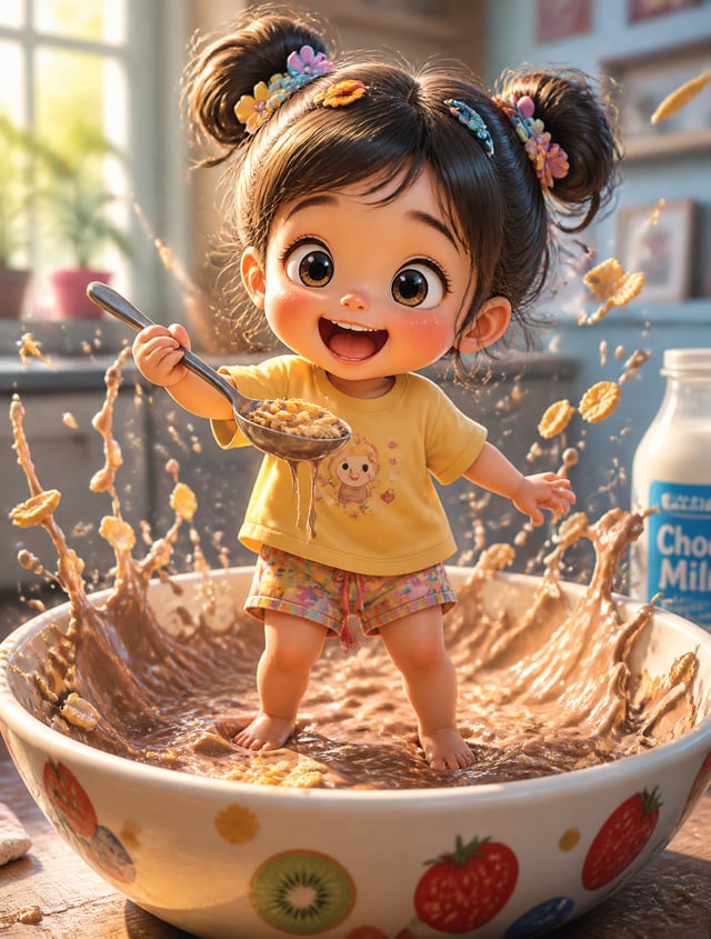 A whimsical, ultra-detailed 3D illustration of a cute toddler girl with an oversized head and big ex