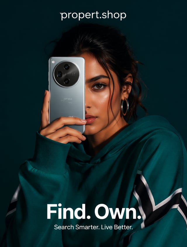A stunning high-fashion advertisement photo for propert.shop.Young Indian woman, warm olive skin, sh