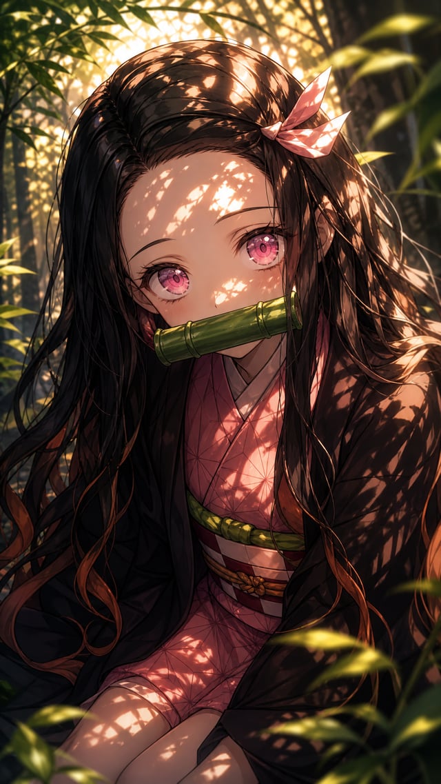A masterfully rendered digital anime illustration of Nezuko from Demon Slayers. Art Style: High-fide