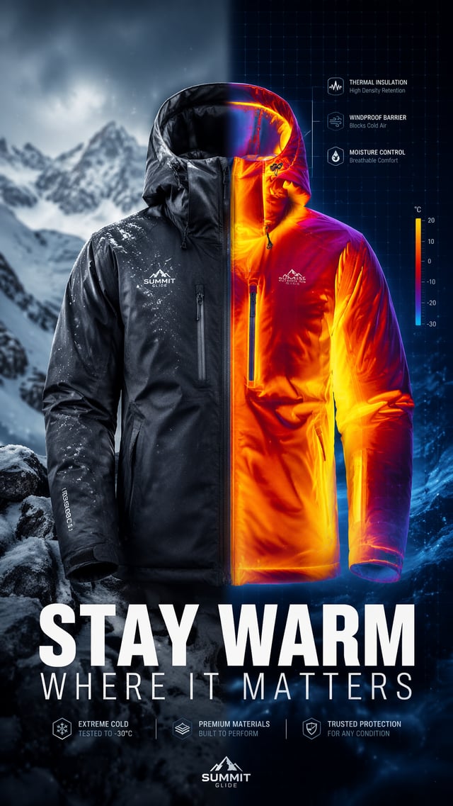 A premium 9:16 winter jacket advertising poster.Main Subject:A premium outdoor jacket displayed in t