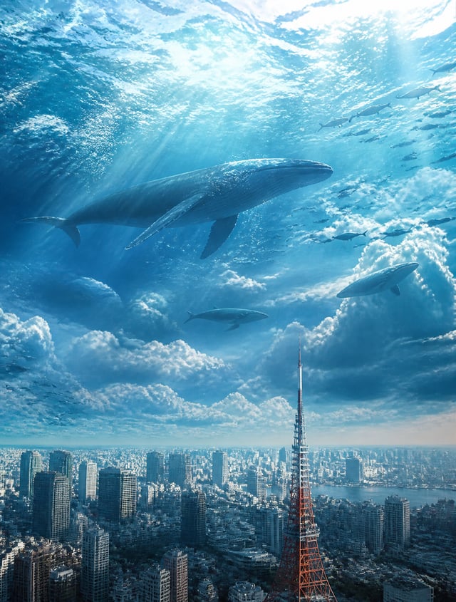 Massive ocean floating in the sky above a modern city, whales swimming through clouds, sunlight pier