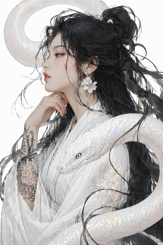 A woman with flowing, voluminous obsidian hair stands in profile, her hand resting near her chin, en