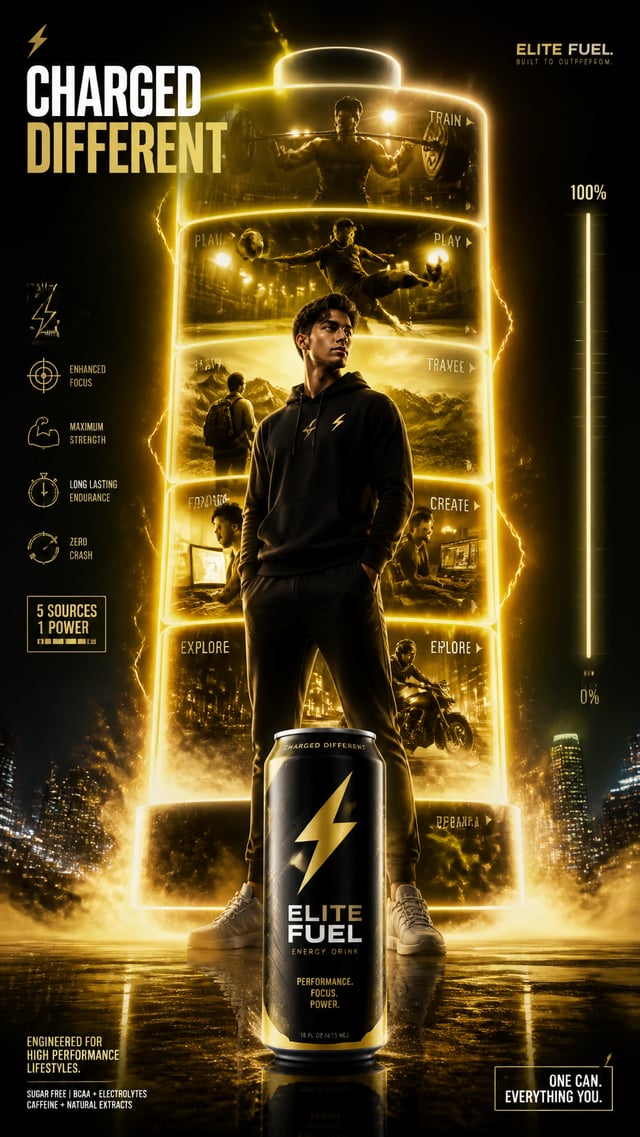 A premium 9:16 energy drink advertising poster.Main Subject: