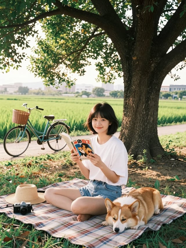 A cinematic 35mm film photography shot of a beautiful 19-year-old East Asian girl sitting on a plaid