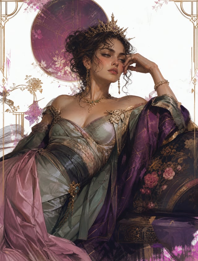 Create a portrait of a young woman in a semi-reclining pose with a pensive expression. Use a painter