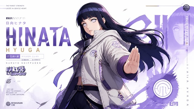 Create a premium collector-edition character poster of Hinata from Naruto.Character AnalysisAnalyze 