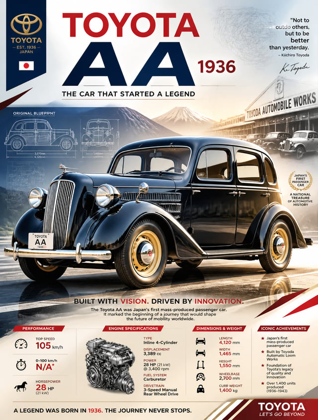 Create an epic premium automotive poster of [TOYOTA AA(1936)].Place the car as the heroic central su