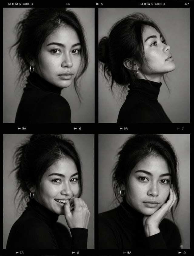 Ultra-viral black-and-white luxury fashion casting contact sheet portrait of a striking young woman 