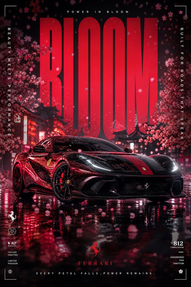 Ultra-premium cinematic automotive advertising poster, featuring a sleek exotic supercar 'FERRARI' p