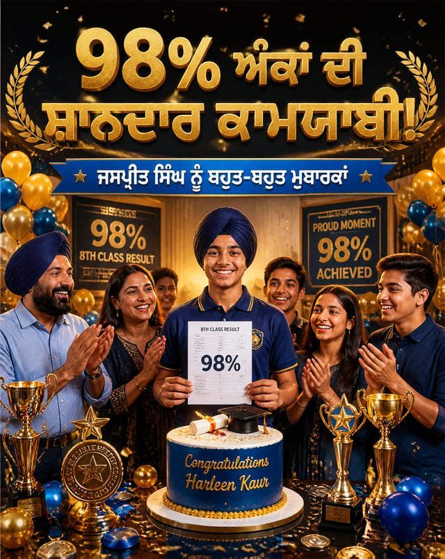 ਸ਼ਾਨਦਾਰ ਜਸ਼ਨ ਪੋਸਟਰ, "ਜਸਪ੍ਰੀਤ ਸਿੰਘ ਨੇ 8ਵੀਂ ਕਲਾਸ ਵਿੱਚ 98% ਅੰਕ ਹਾਸਲ ਕੀਤੇ!", ਘਰ ਵਿੱਚ ਖੁਸ਼ੀ ਭਰੀ ਪਾਰਟੀ ਦਾ 