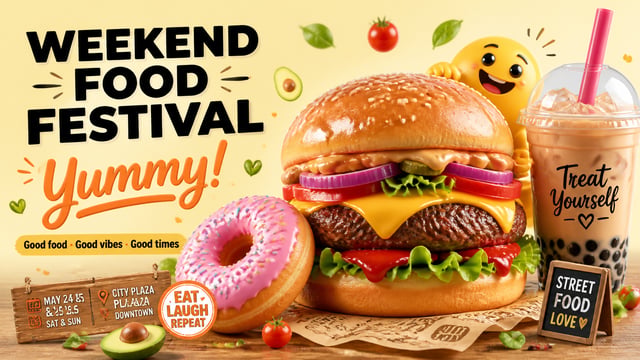 PROMPT:A joyful and mouth-watering horizontal social media banner for a street food festival, warm c