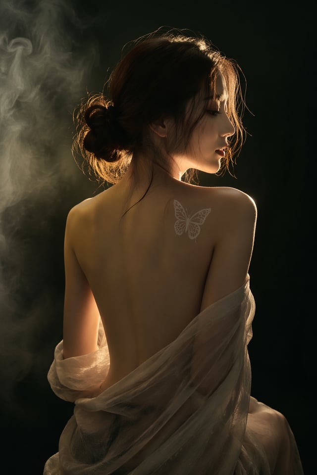 Vertical low-key portrait, East Asian young woman facing sideways with her back to camera, messy low