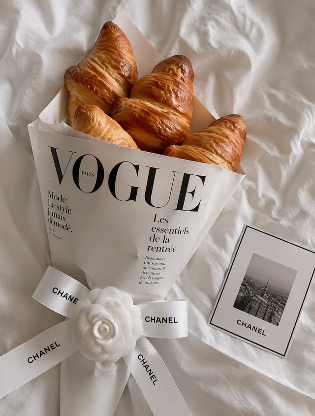 A chic, Parisienne-style flat lay photography shot. golden, flaky croissants are creatively wrapped 