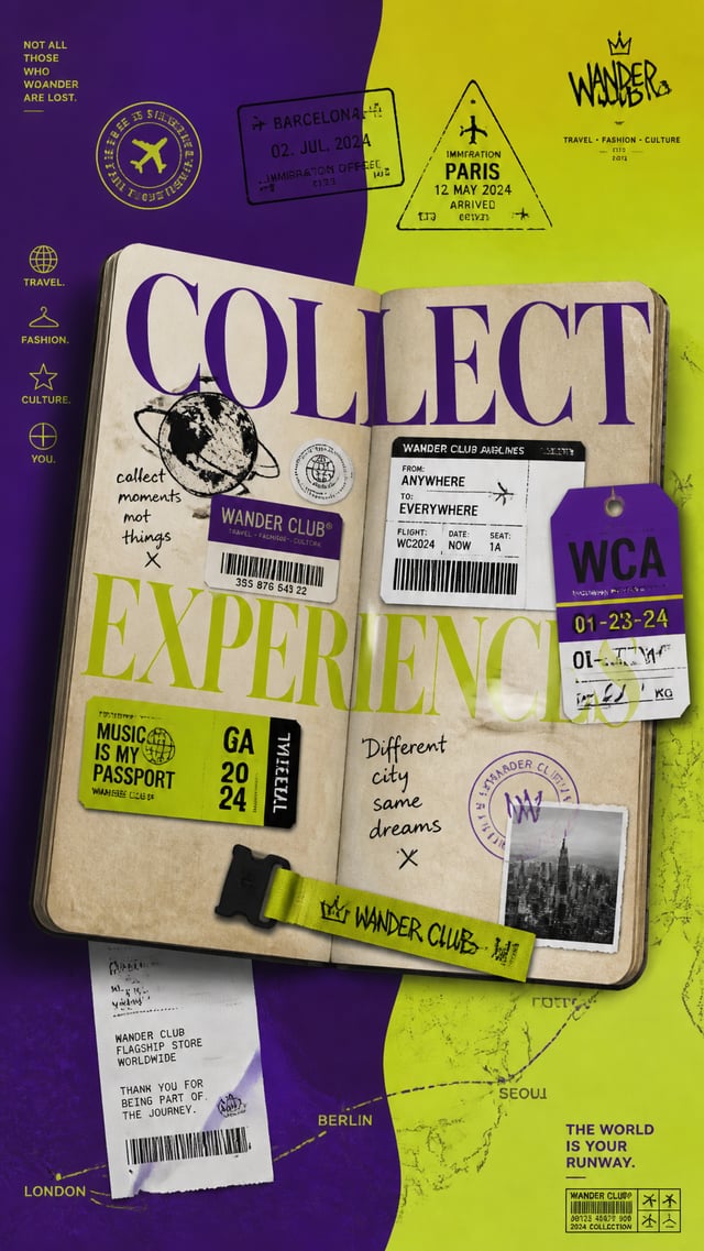 A premium 9:16 travel-fashion advertising poster.Main Subject: