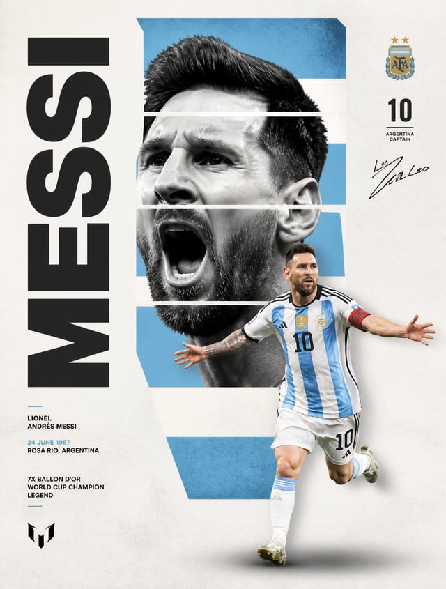A professional sports graphic design poster of Lionel Messi, designed in a clean, modern, and minima