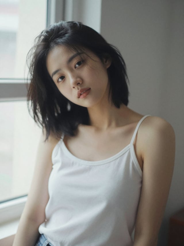 vintage casual phone photo, candid portrait of a young woman wearing a white spaghetti-strap tank to