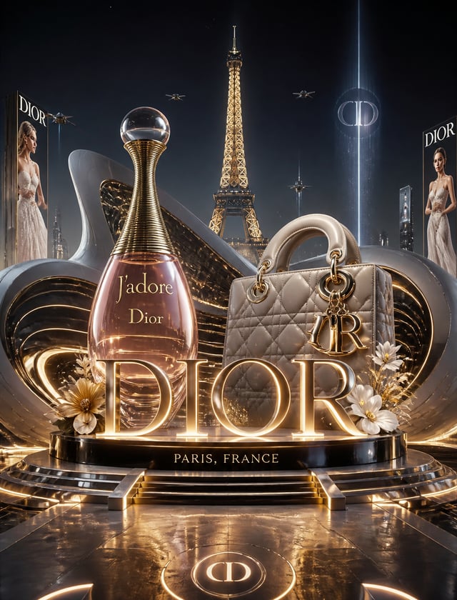 Create a futuristic cinematic luxury promotional installation for the brand [BRANDNAME].The design s