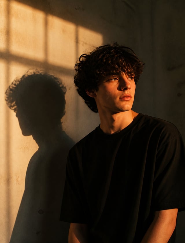 Prompt: Ultra-realistic cinematic portrait of me standing beside a wall during golden hour sunset li