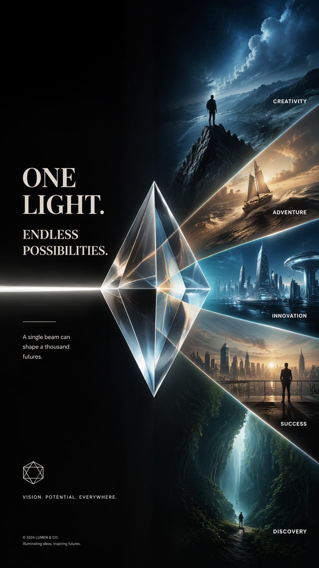 A premium 9:16 optical advertising poster.Main Subject:A giant crystal prism floating in the composi