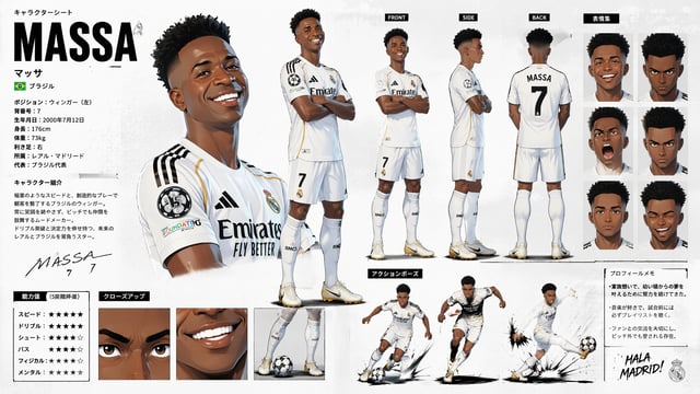 Create a character sheet of this brazil player called MASSA with closeups and full body shots from d