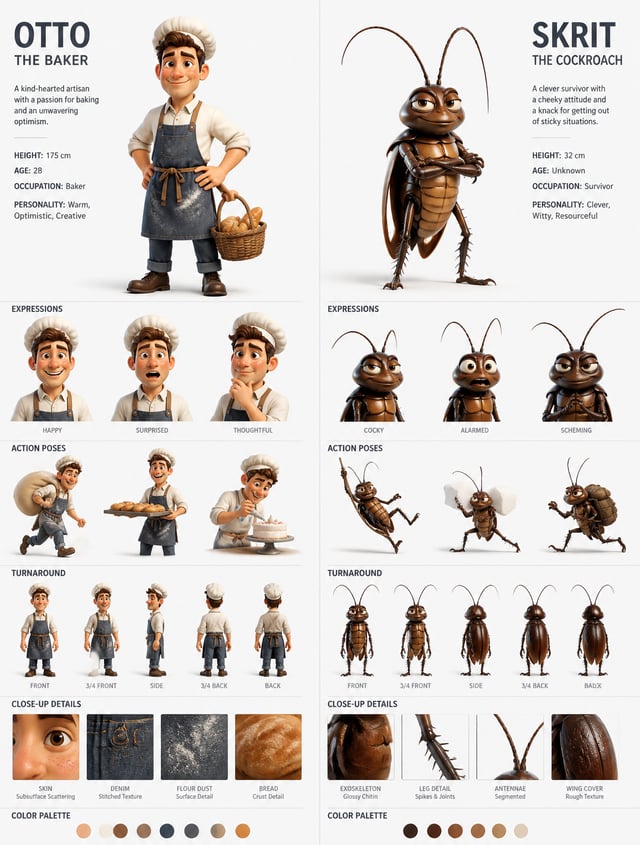 A professional 3D character design sheet displays two distinct protagonists, a human baker and an an
