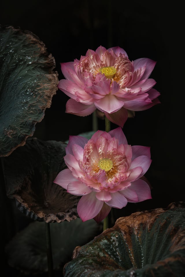Vertical macro flower photography, two double-pink lotus flowers, rose-red petal edges fading to pal