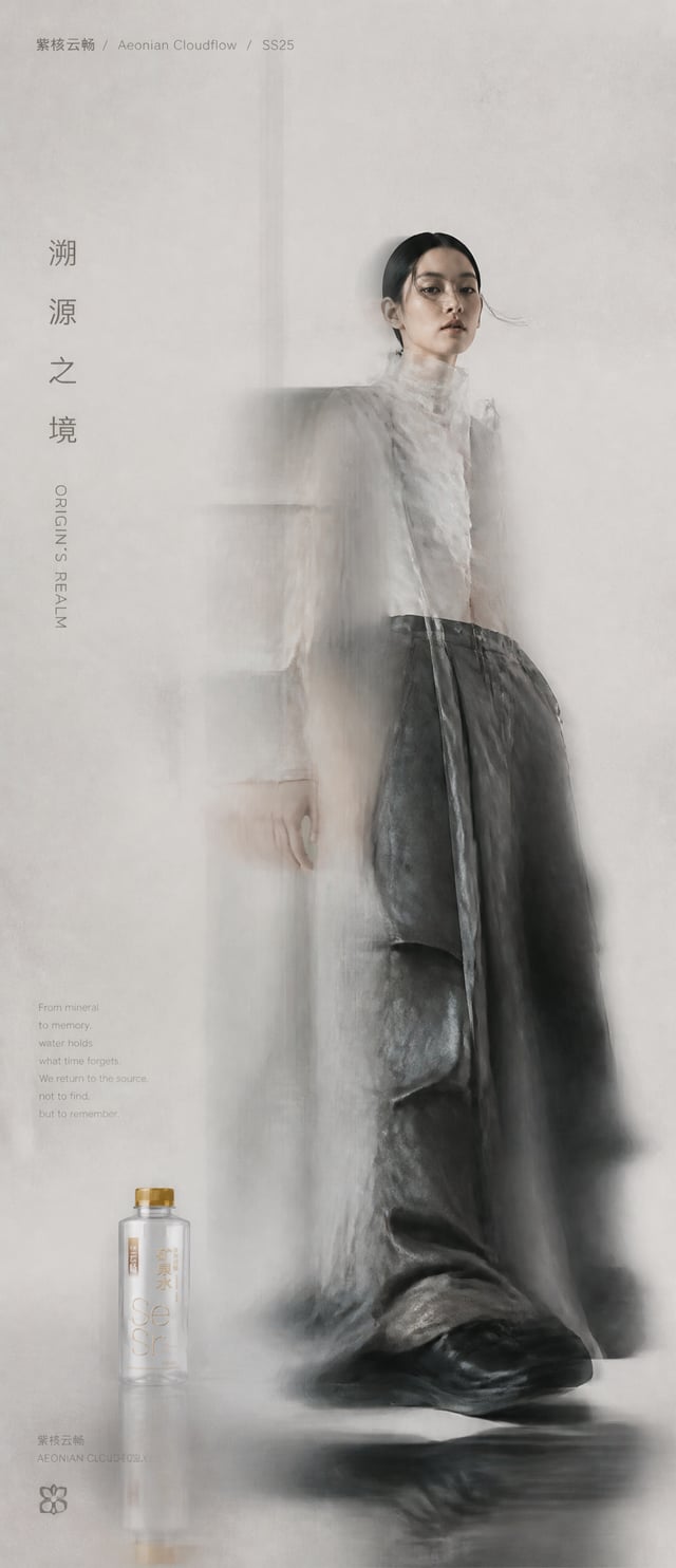 Create a vertical high-resolution experimental fashion editorial poster.