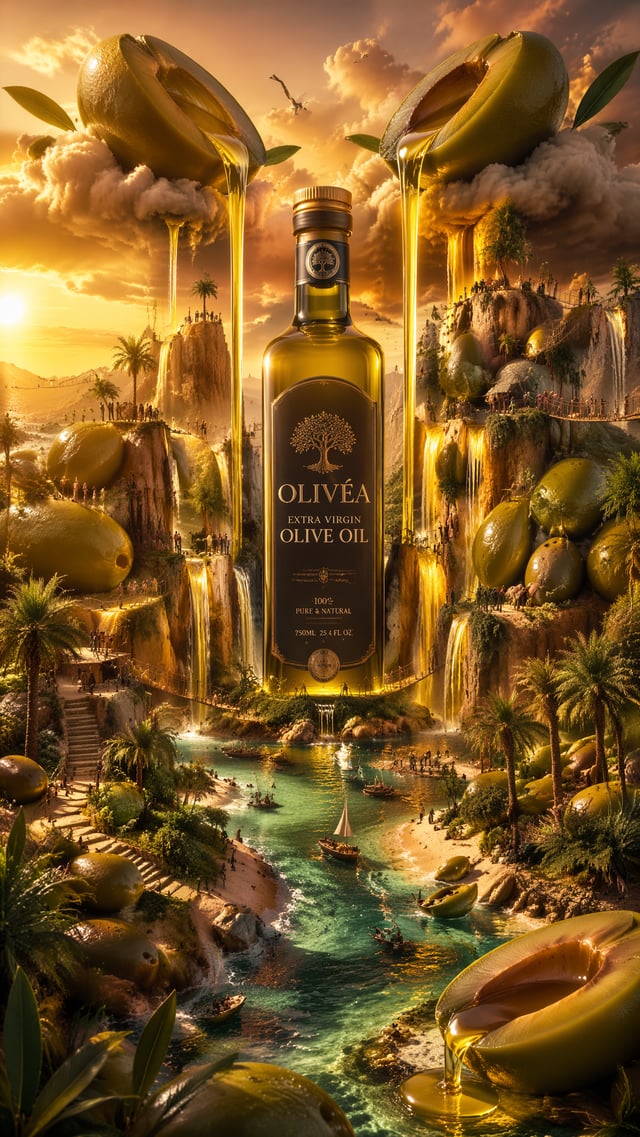 Epic surreal advertising artwork showcasing a luxurious Olive oil bottle as the heart of a vast trop